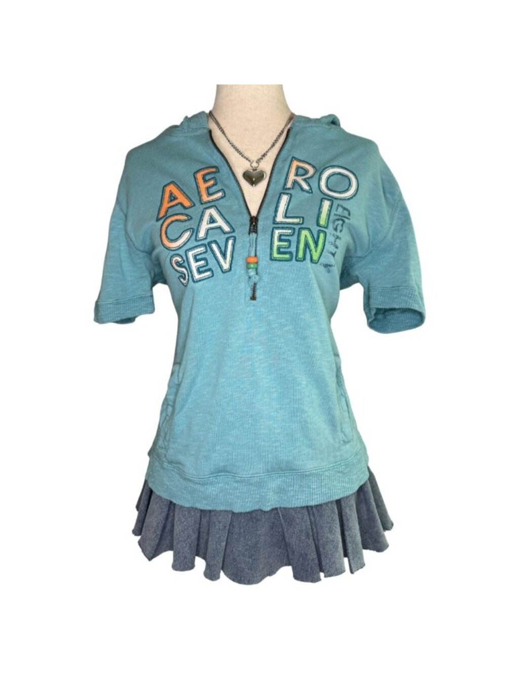 Aeropostale Y2K Short Sleeve Hoodie Large Blue